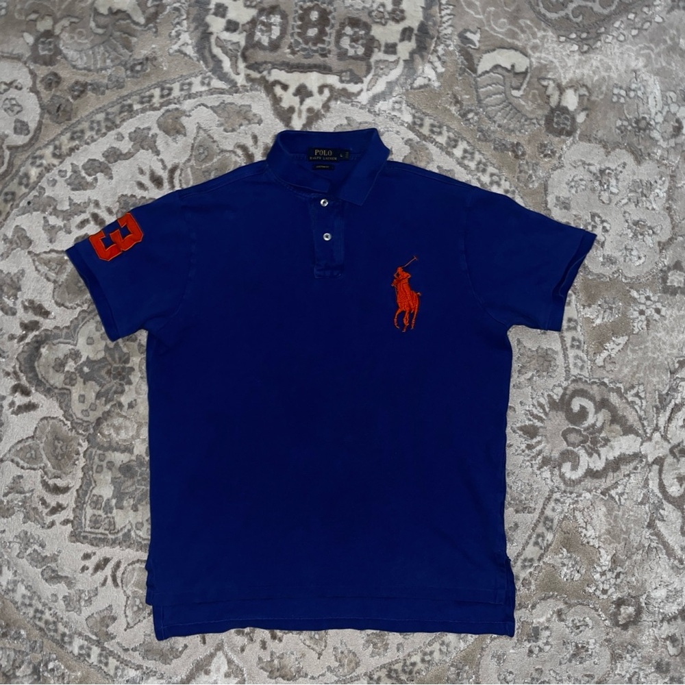 Polo by Ralph Lauren Men's Polo Shirt in Deep Blue with Orange Accents